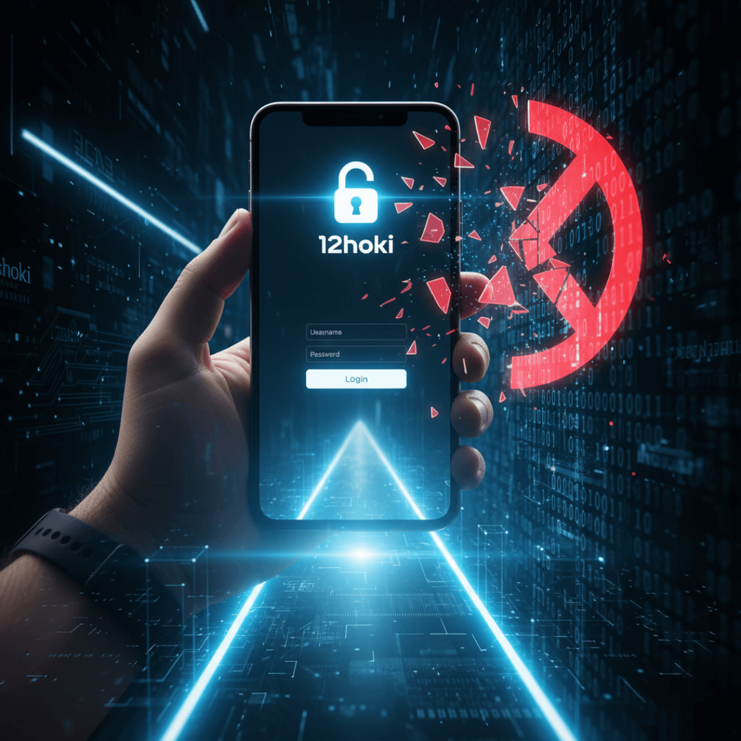 Smartphone menampilkan akses aman ke 12hoki melalui link alternatif, memotong simbol blokir digital.