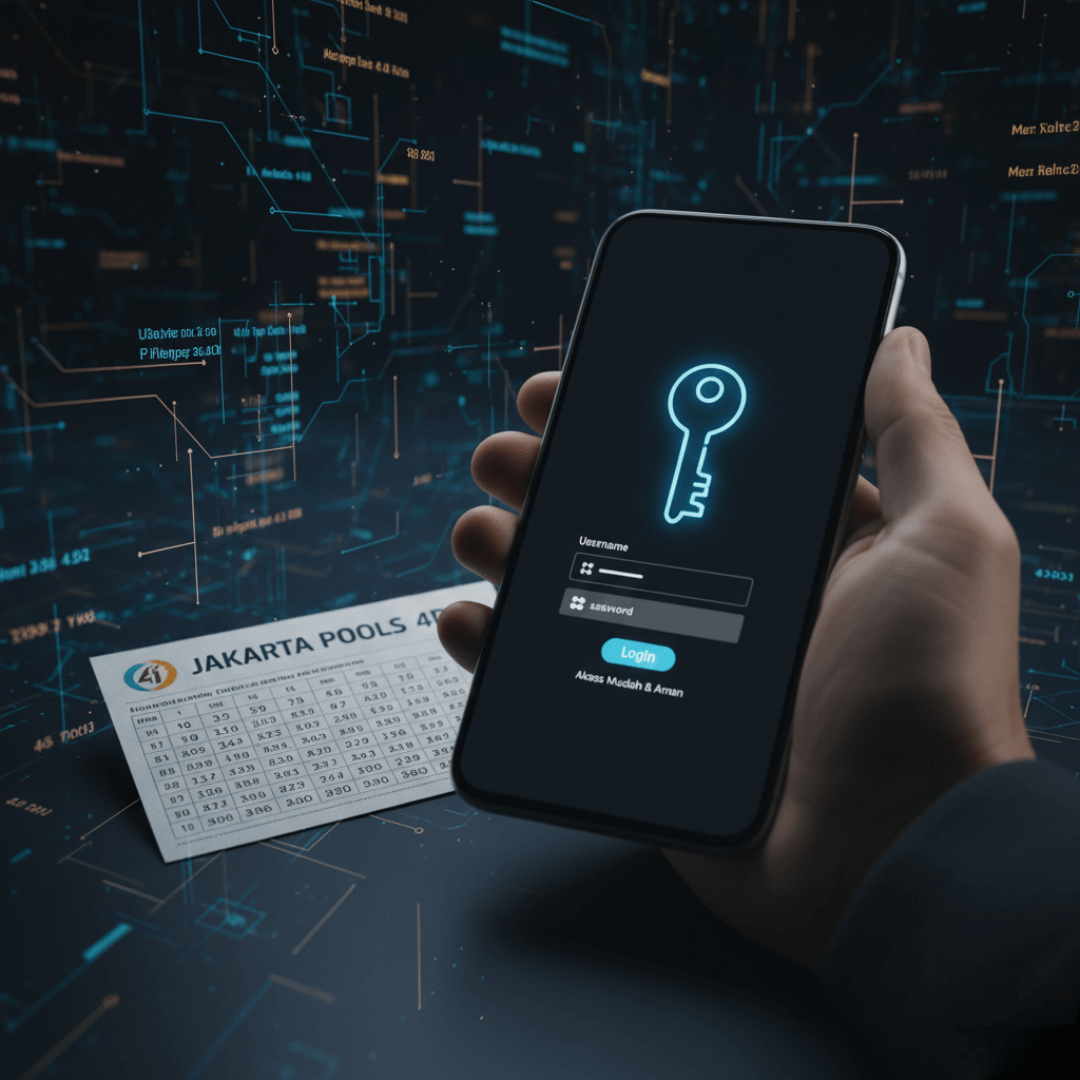 Tiket togel Jakarta Pools di samping smartphone yang menampilkan layar login dengan ikon kunci yang bersinar.